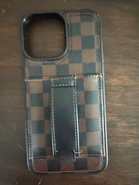 Checkered Brown Faux-Leather Phone Case with Kick Strap